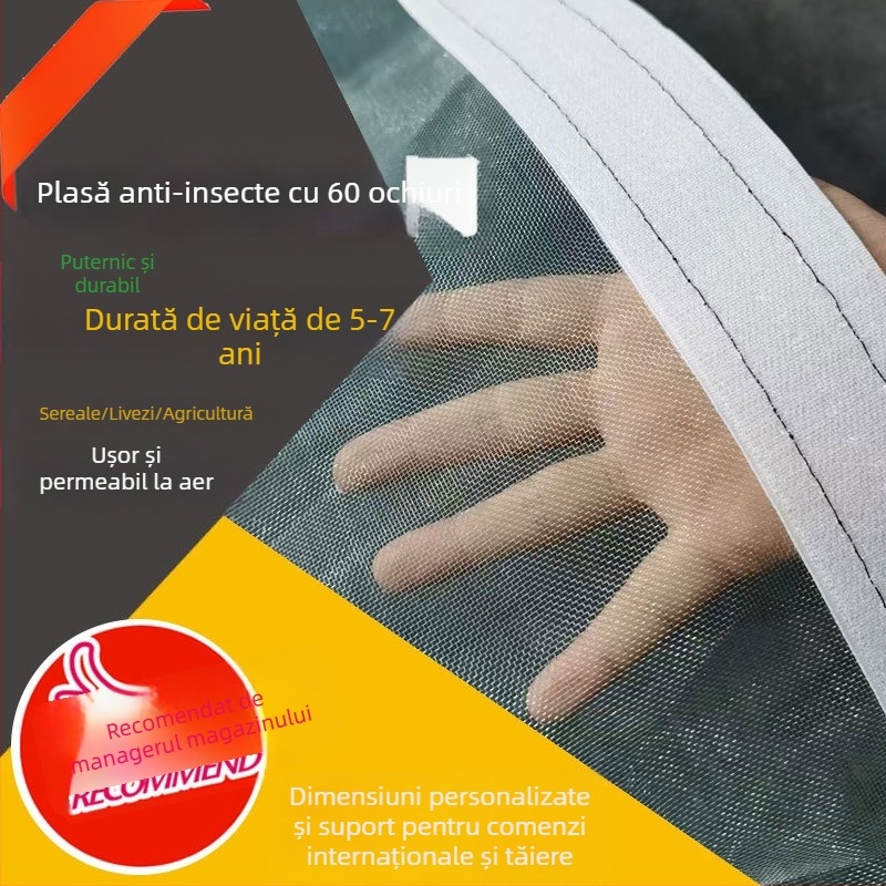 Plasă anti-insecte din polietilenă, 60-mesh, ochiuri 10–120 µm, diametru fir 0.2 mm, durată de viață 3–5 ani, pentru legume, pomi fructiferi și flori