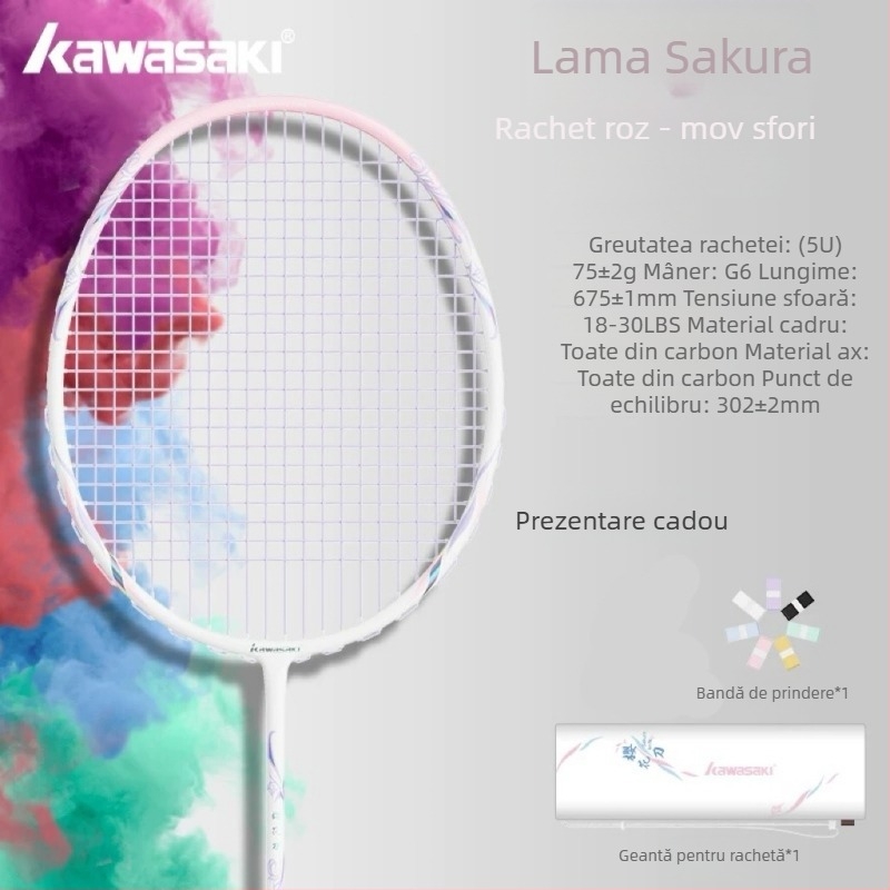 Rachetă de badminton Kawasaki – fibră de carbon completă, ultra-ușoară, 75–79 g, lovitură directă, pentru avansați amatori
