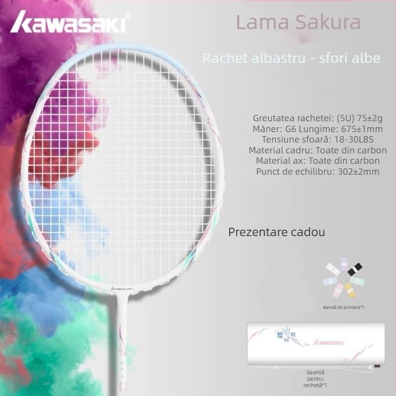 Rachetă de badminton Kawasaki – fibră de carbon completă, ultra-ușoară, 75–79 g, lovitură directă, pentru avansați amatori