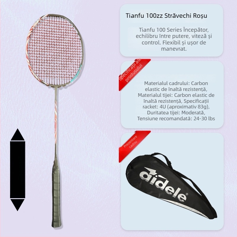 Rachetă de badminton, cadru din fibră de carbon, greutate 80–84 g, lovitură orizontală, duritate moderată, mâner G5