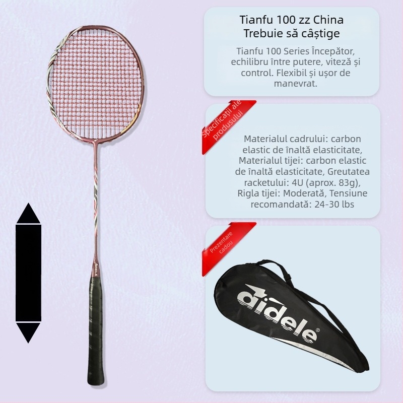 Rachetă de badminton, cadru din fibră de carbon, greutate 80–84 g, lovitură orizontală, duritate moderată, mâner G5