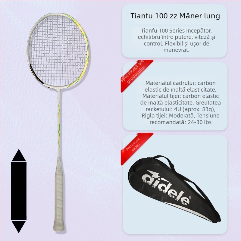 Rachetă de badminton, cadru din fibră de carbon, greutate 80–84 g, lovitură orizontală, duritate moderată, mâner G5