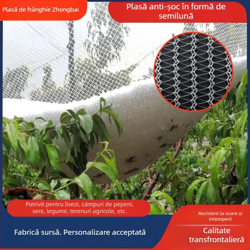 Plasă de protecție împotriva grindinei, în formă de semilună, pentru livezi, terenuri agricole, sere și grădini cu flori
