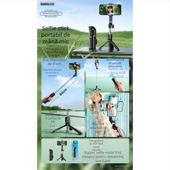 Selfie stick Bluetooth cu trepied rotativ pentru telefoane mobile, utilizare în exterior, corp din plastic, telecomandă inclusă