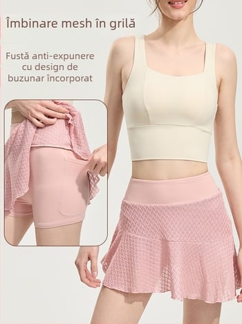 Fustă cu pantaloni încorporați, talie înaltă pentru controlul abdomenului, uscată rapid și opacă; material: poliester/spandex 97%/3%, căptușeală nylon/spandex 80%/20%.