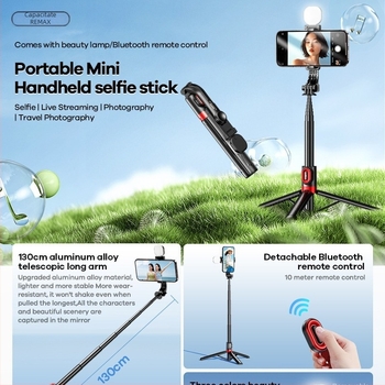 Selfie stick cu trepied, lumină încorporată, telecomandă, extensibil, compatibil cu smartphone, pentru streaming live