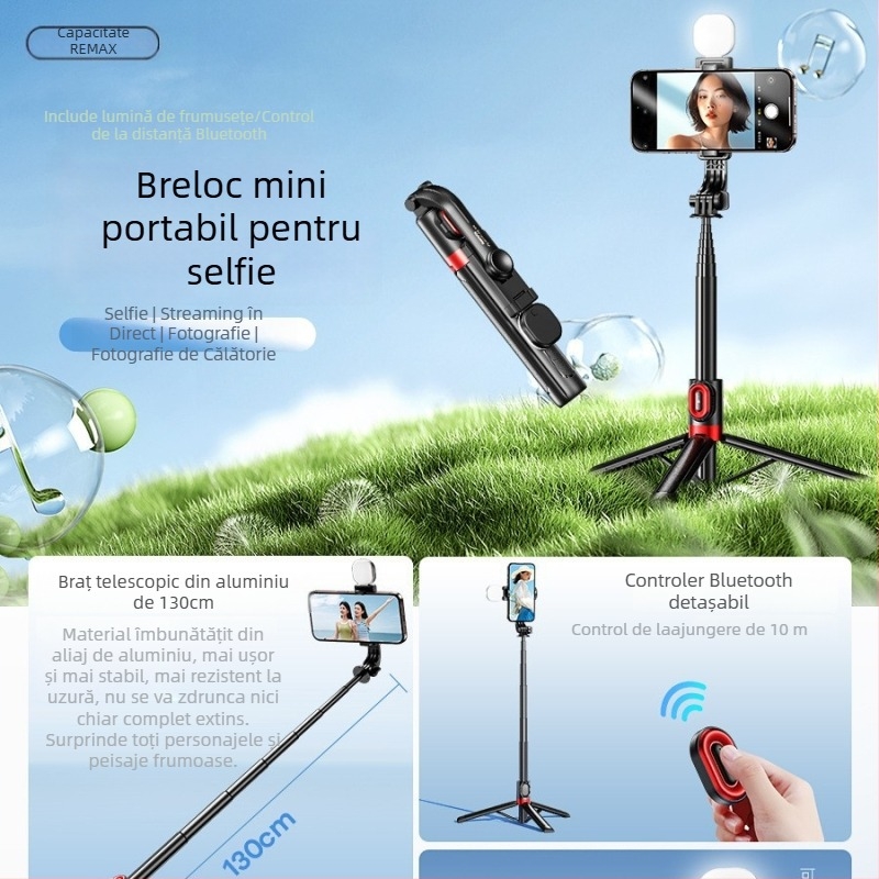 Selfie stick cu trepied, lumină încorporată, telecomandă, extensibil, compatibil cu smartphone, pentru streaming live