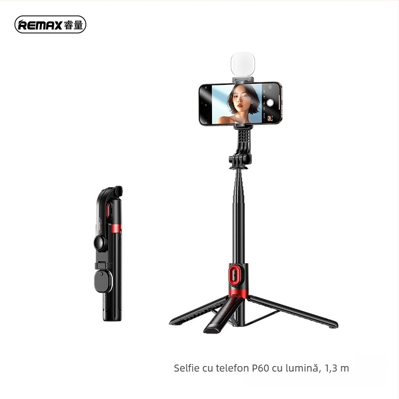Selfie stick cu trepied, lumină încorporată, telecomandă, extensibil, compatibil cu smartphone, pentru streaming live