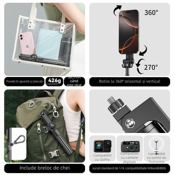 Selfie stick din aliaj de aluminiu + ABS, sucțiune magnetică, telecomandă, Bluetooth, suport IBIS