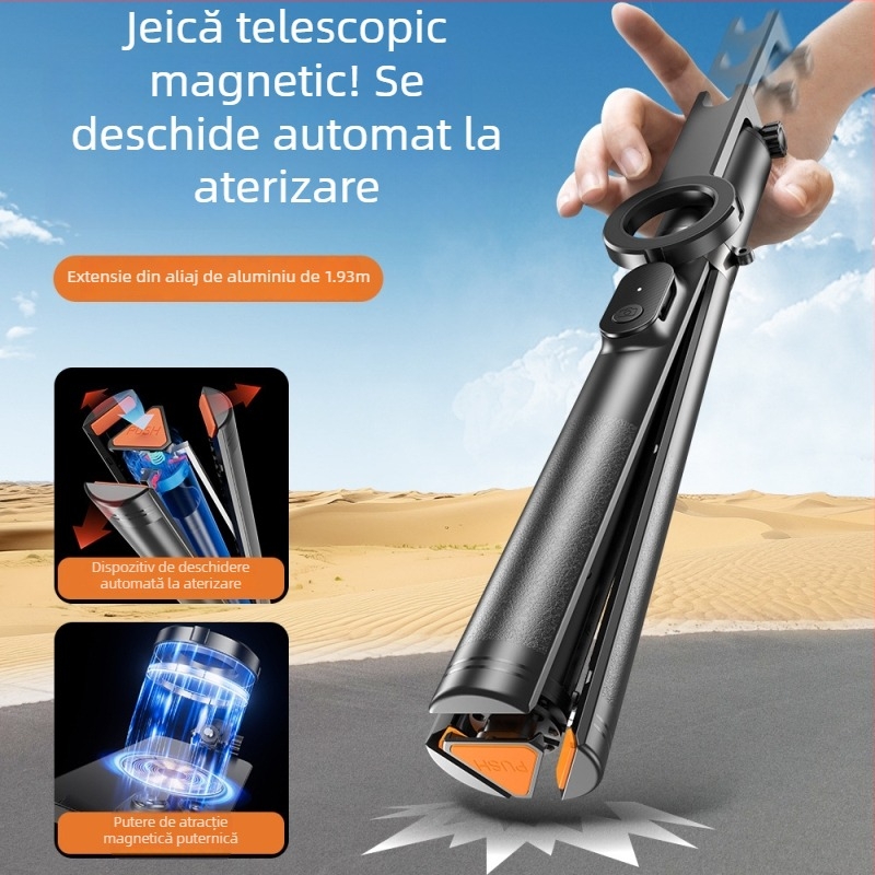 Selfie stick din aliaj de aluminiu + ABS, sucțiune magnetică, telecomandă, Bluetooth, suport IBIS