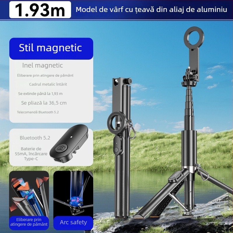 Selfie stick din aliaj de aluminiu + ABS, sucțiune magnetică, telecomandă, Bluetooth, suport IBIS