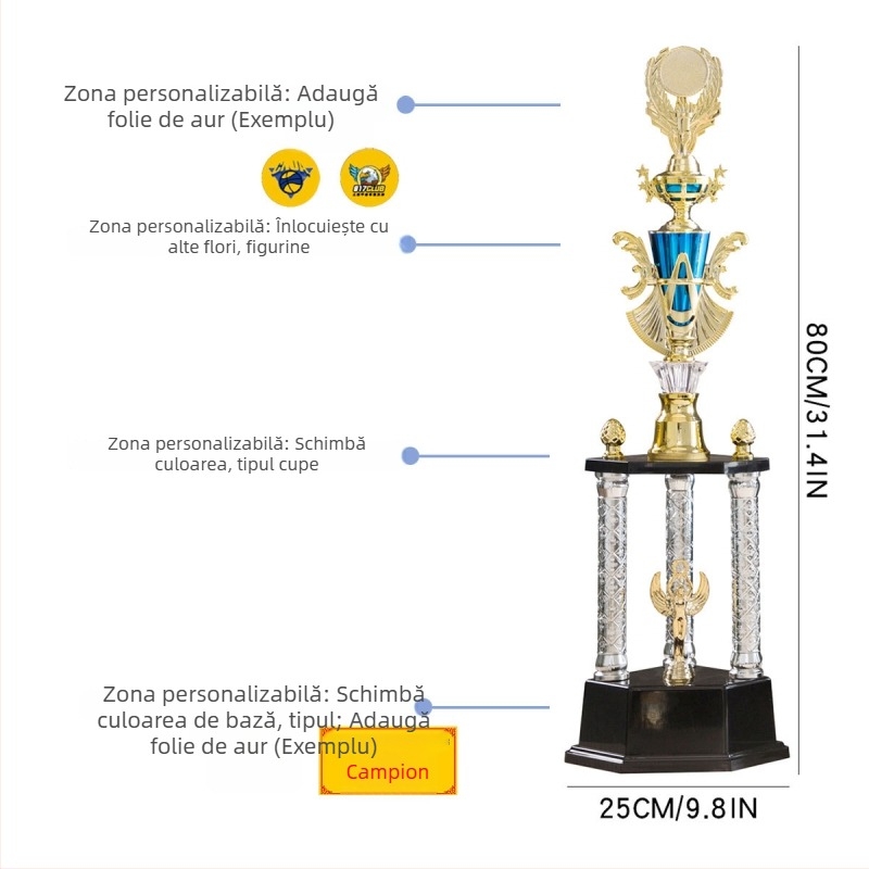 Trofeu plastic cu trei coloane, de înaltă calitate, personalizabil cu imprimare de logo, greutate 1,51 kg, destinat pentru premii și cadouri comemorative