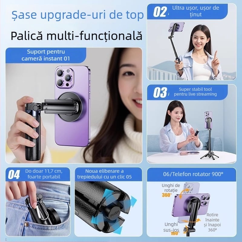 M56 ștativ selfie magnetic mini cu Bluetooth și lumină deumplere, din aliaj de aluminiu, portabil pentru streaming live