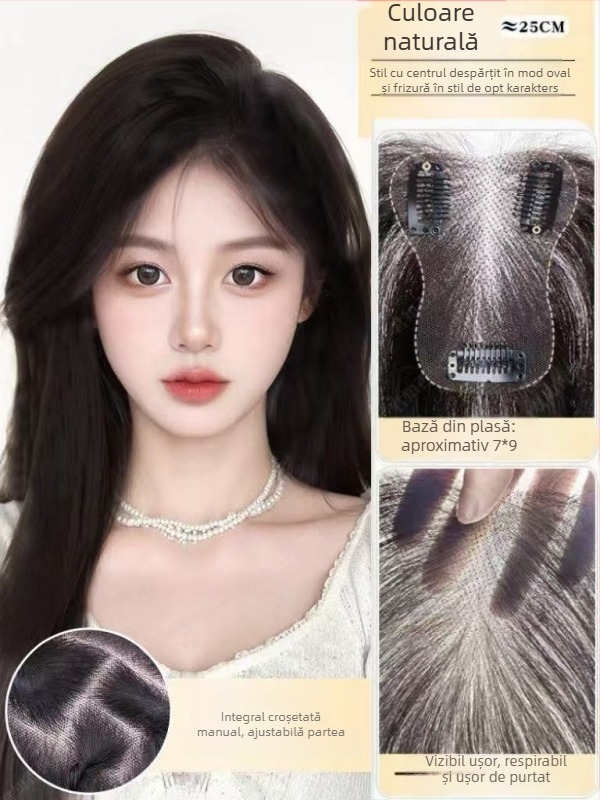 Perucă din păr uman real pentru femei, lungime scurtă, breton drept scurt, breton în stil franțuzesc, acoperă părul alb de pe creștet, aspect pufoasă natural, poate fi vopsită sau permată