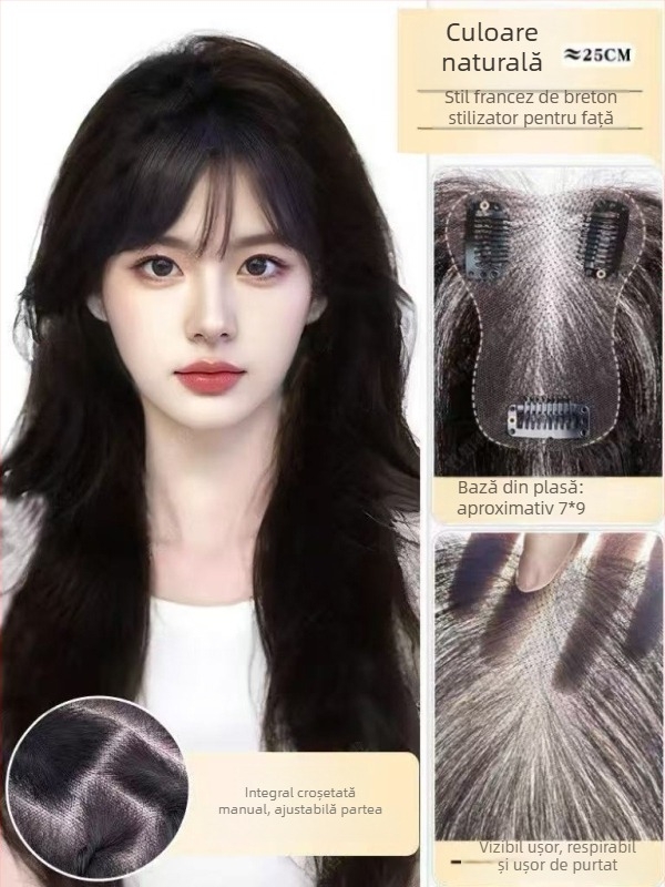 Perucă din păr uman real pentru femei, lungime scurtă, breton drept scurt, breton în stil franțuzesc, acoperă părul alb de pe creștet, aspect pufoasă natural, poate fi vopsită sau permată