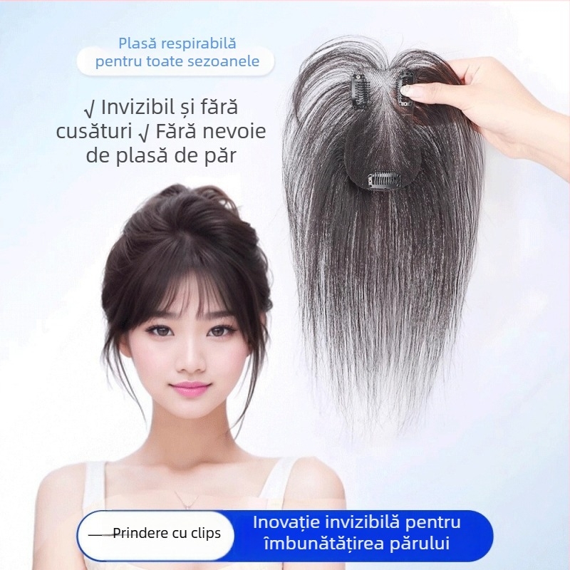 Perucă din păr uman real pentru femei, lungime scurtă, breton drept scurt, breton în stil franțuzesc, acoperă părul alb de pe creștet, aspect pufoasă natural, poate fi vopsită sau permată