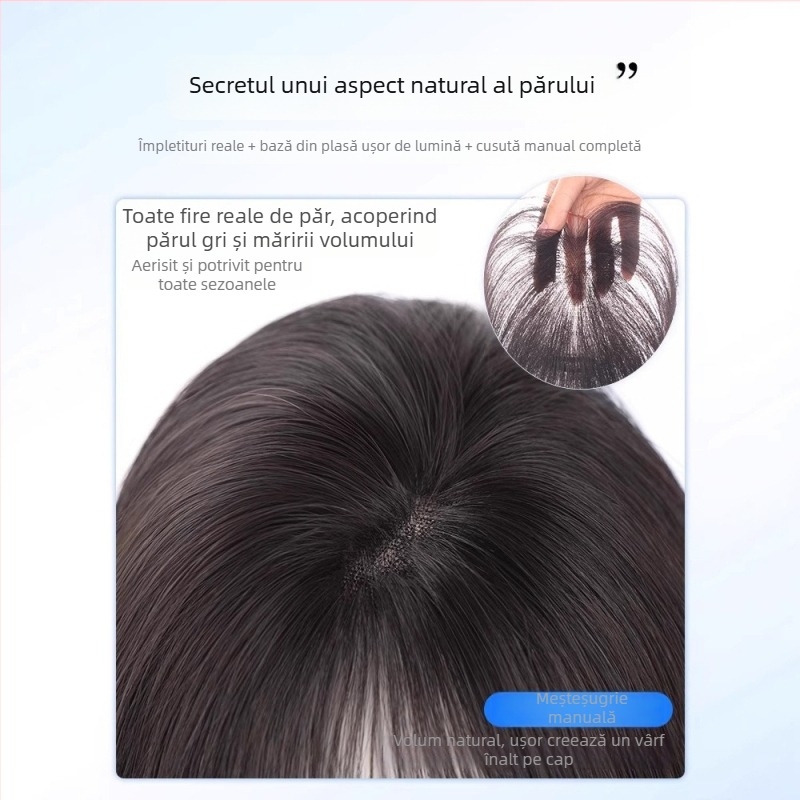 Perucă din păr uman real pentru femei, lungime scurtă, breton drept scurt, breton în stil franțuzesc, acoperă părul alb de pe creștet, aspect pufoasă natural, poate fi vopsită sau permată