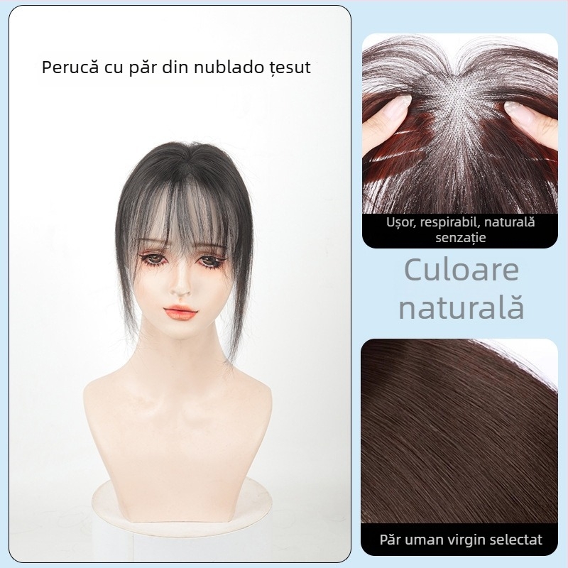 Perucă din păr uman real pentru femei, lungime scurtă, breton drept scurt, breton în stil franțuzesc, acoperă părul alb de pe creștet, aspect pufoasă natural, poate fi vopsită sau permată