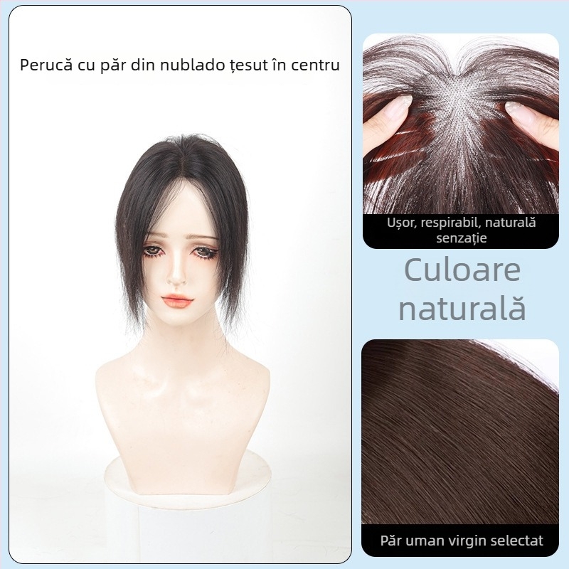 Perucă din păr uman real pentru femei, lungime scurtă, breton drept scurt, breton în stil franțuzesc, acoperă părul alb de pe creștet, aspect pufoasă natural, poate fi vopsită sau permată