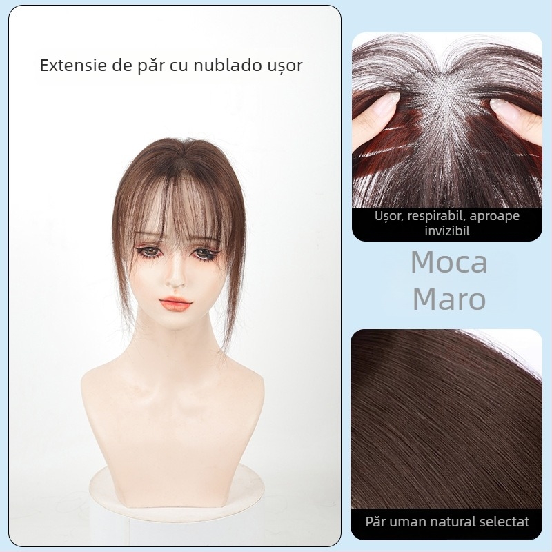 Perucă din păr uman real pentru femei, lungime scurtă, breton drept scurt, breton în stil franțuzesc, acoperă părul alb de pe creștet, aspect pufoasă natural, poate fi vopsită sau permată