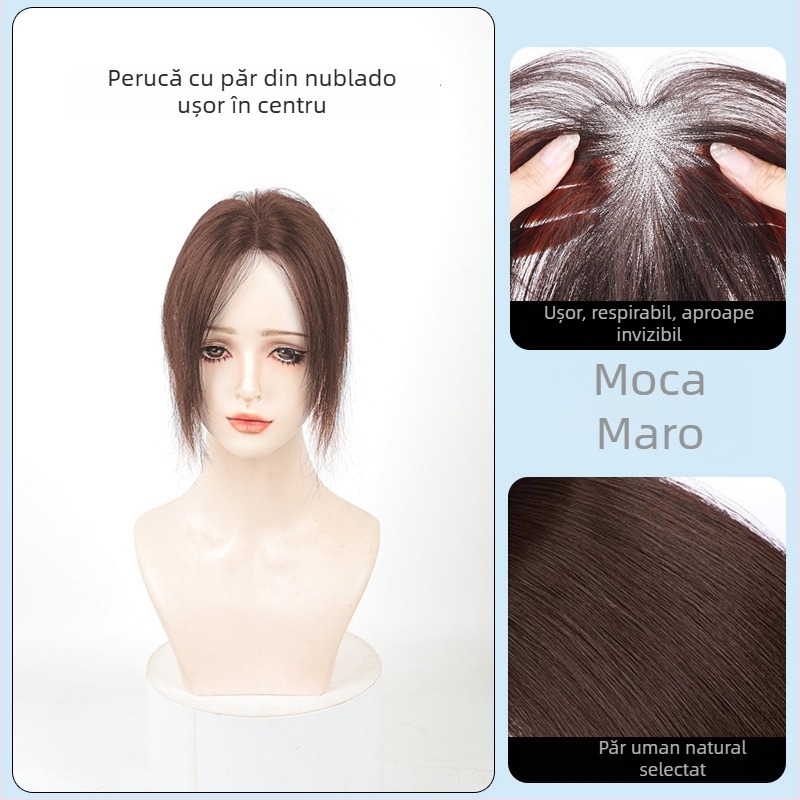 Perucă din păr uman real pentru femei, lungime scurtă, breton drept scurt, breton în stil franțuzesc, acoperă părul alb de pe creștet, aspect pufoasă natural, poate fi vopsită sau permată