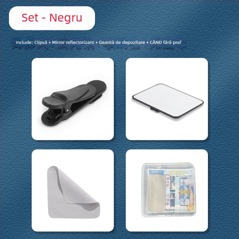 Oglindă selfie pentru telefoane mobile cu clip, ABS+sticlă, universală, fără Bluetooth, fără iluminare