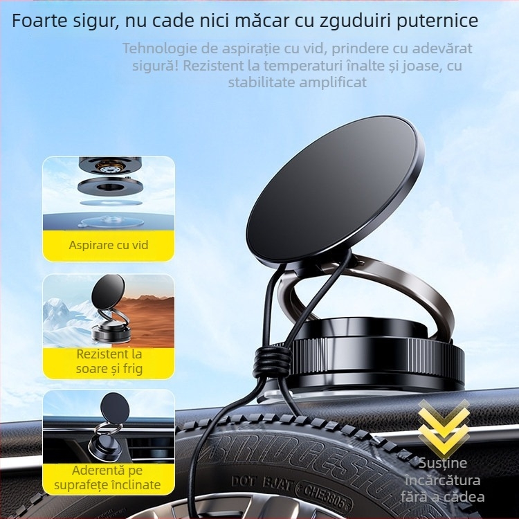 Suport pentru telefon auto cu rotație la 360° și aspirație prin vid — pliabil, universal