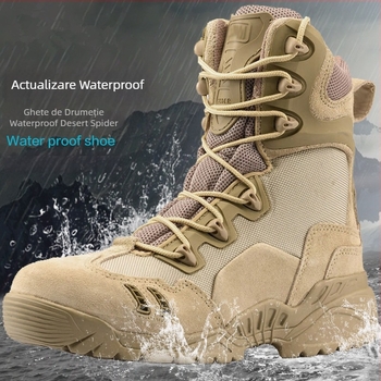 Pantofi de drumeție: partea superioară din piele naturală + plasă; talpă exterioară din cauciuc natural; talpă intermediară din cauciuc; anti-derapare; căptușeală interioară din plasă