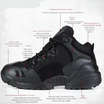 Pantofi de drumeție: partea superioară din piele naturală + plasă; talpă exterioară din cauciuc natural; talpă intermediară din cauciuc; anti-derapare; căptușeală interioară din plasă