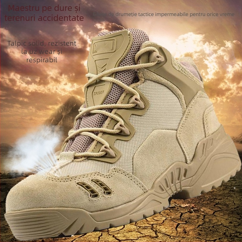 Pantofi de drumeție: partea superioară din piele naturală + plasă; talpă exterioară din cauciuc natural; talpă intermediară din cauciuc; anti-derapare; căptușeală interioară din plasă
