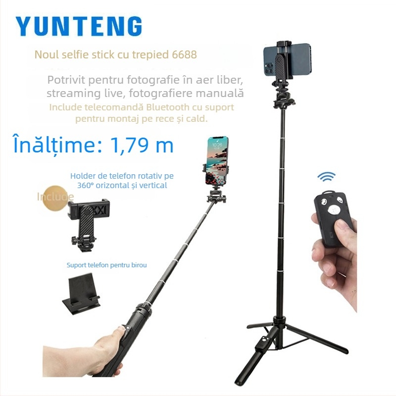 Selfie Stick cu trepied și cadru all-in-one – aliaj de aluminiu, model VCT-6688, telecomandă Bluetooth, stabilizare anti tremur