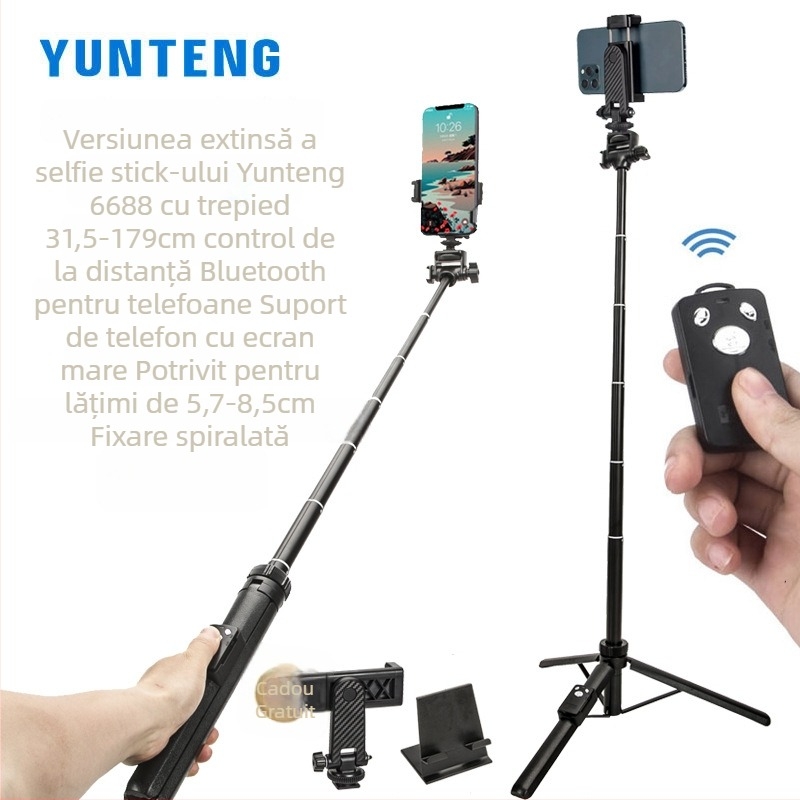Selfie Stick cu trepied și cadru all-in-one – aliaj de aluminiu, model VCT-6688, telecomandă Bluetooth, stabilizare anti tremur