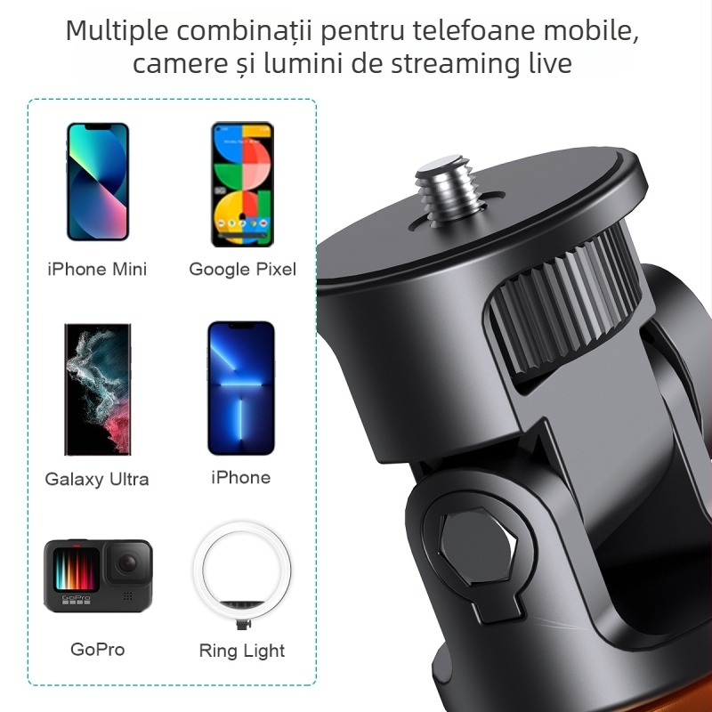 Baston selfie din aluminiu cu 7 secțiuni, telecomandă Bluetooth, suport pentru telefon, stabilizare antișoc, trepied vertical portabil