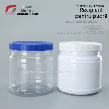 Recipient PET transparent pentru pudră de proteine, gură largă, 1000 ml, capac din plastic