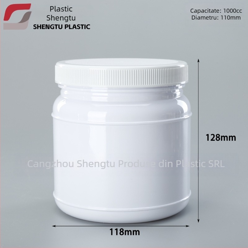 Recipient PET transparent pentru pudră de proteine, gură largă, 1000 ml, capac din plastic