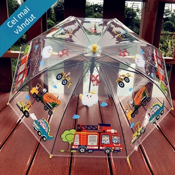 Umbrelă transparentă pentru copii – temă pompier și echipă de ingineri, design desen animat, pânză din plastic, ramă din plastic, mâner din plastic, tijă din plastic