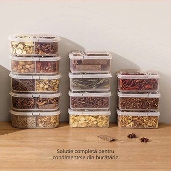 Cutie de depozitare condimente cu capac dublu, pătrată din plastic pentru bucătărie, capacitate 501–800 ml