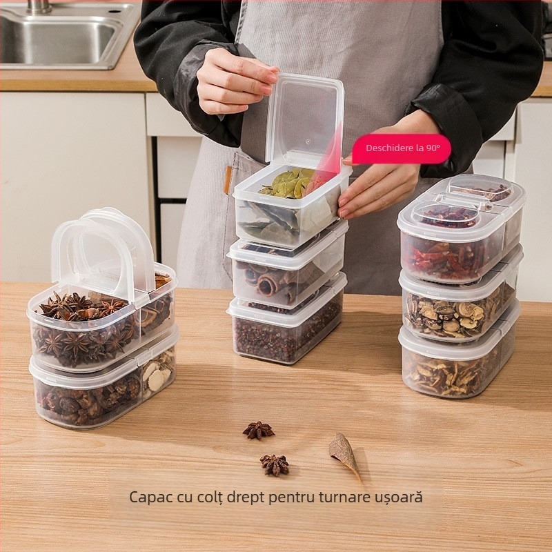 Cutie de depozitare condimente cu capac dublu, pătrată din plastic pentru bucătărie, capacitate 501–800 ml