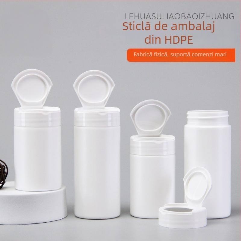 Sticlă din HDPE pentru tablete cu capac flip-top, personalizabilă, 100–150 ml, ambalaj sigilat.
