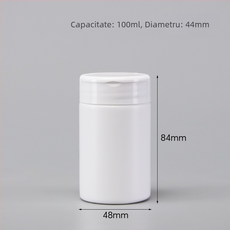 Sticlă din HDPE pentru tablete cu capac flip-top, personalizabilă, 100–150 ml, ambalaj sigilat.