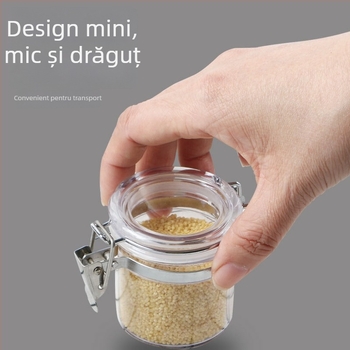 Borcan mini sigilat din oțel inoxidabil, formă rotundă, capacitate sub 300 ml, design modern minimalist.