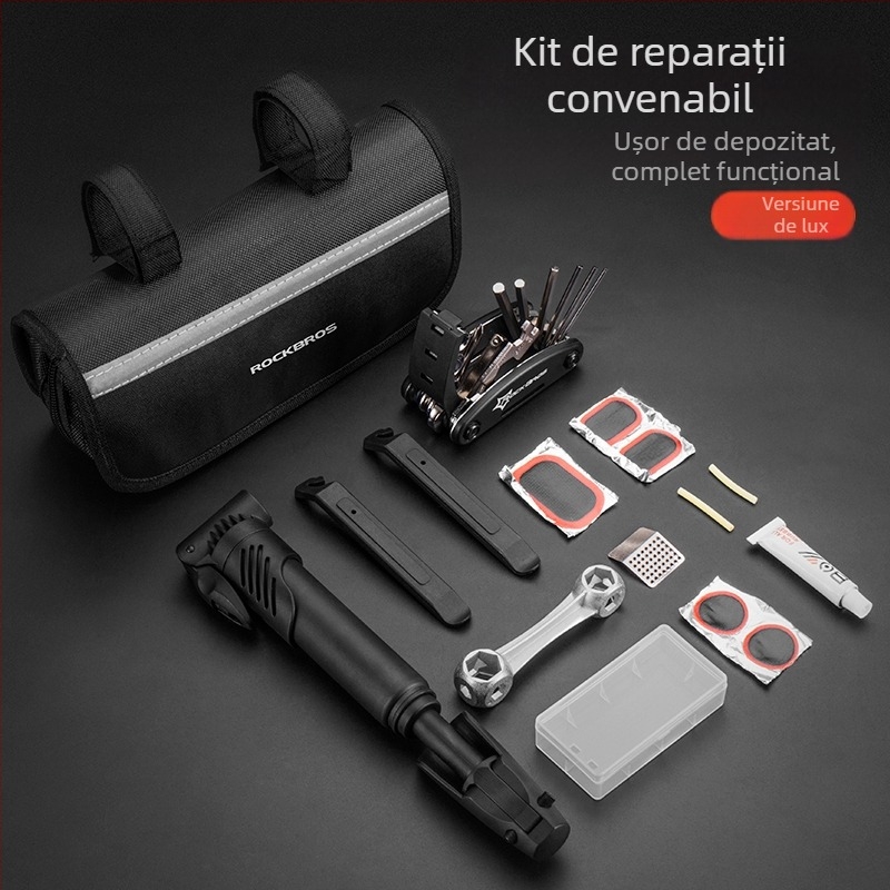 Kit de unelte pentru reparații bicicletă cu pompă de cauciuc și set de chei pentru bicicletă de munte, include măsurătorul tensiunii spițelor
