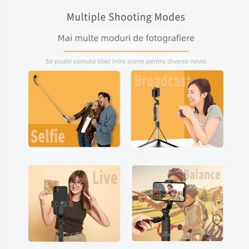 L05 Selfie Stick Tripod cu Stabilizare Antișoc, telecomandă Bluetooth inclusă, ABS+aliaj de aluminiu