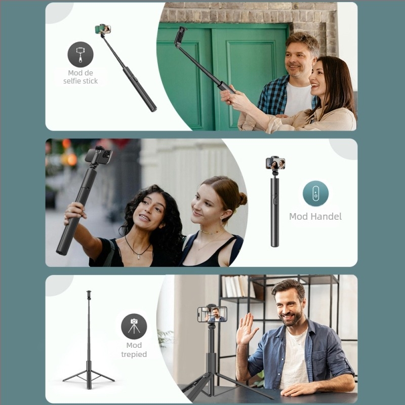 Selfie stick cu trepied și telecomandă Bluetooth încorporată, construcție din aliaj de aluminiu, telecomandă inclusă, compatibilitate universală, suport pentru personalizare