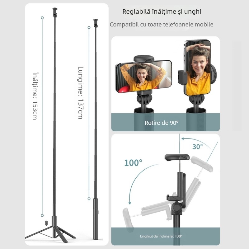 Selfie stick cu trepied și telecomandă Bluetooth încorporată, construcție din aliaj de aluminiu, telecomandă inclusă, compatibilitate universală, suport pentru personalizare