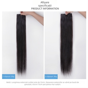 Piesă de păr cu clips, păr real, fără cusături, într-o singură bucată, drept, poate fi vopsită