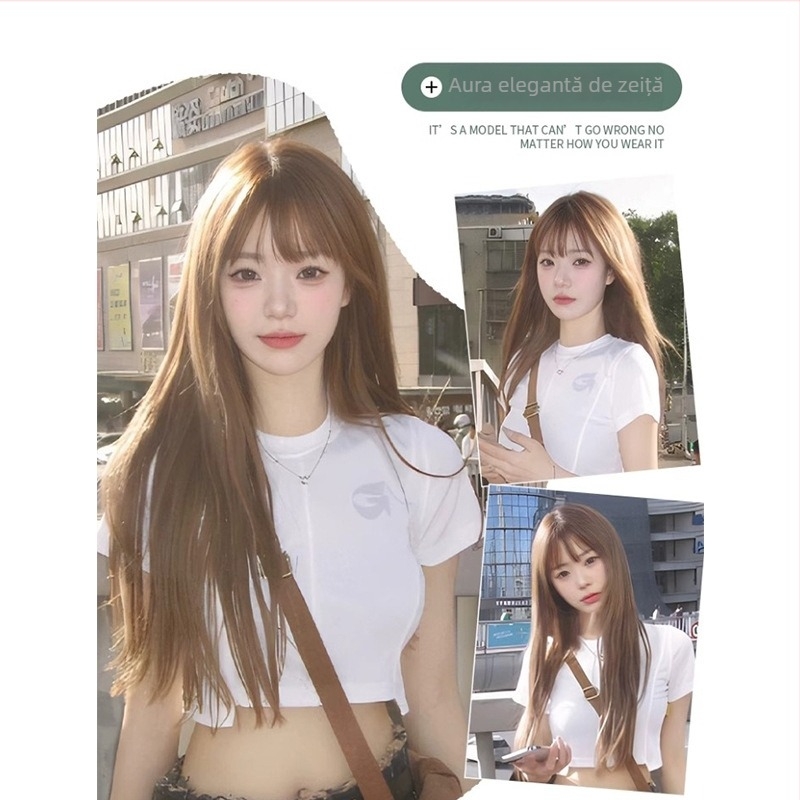 Perucă lungă dreaptă pentru femei – stil natural, fir de înaltă temperatură, model G42, breton ajustabil, potrivită pentru orice formă a feței