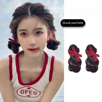 Perucă cu coadă dublă, panglică și fundă, țesută manual, fir rezistent la temperaturi înalte, model Love Ball Head