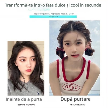 Perucă cu coadă dublă, panglică și fundă, țesută manual, fir rezistent la temperaturi înalte, model Love Ball Head