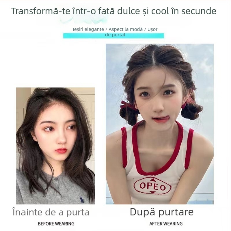 Perucă cu coadă dublă, panglică și fundă, țesută manual, fir rezistent la temperaturi înalte, model Love Ball Head